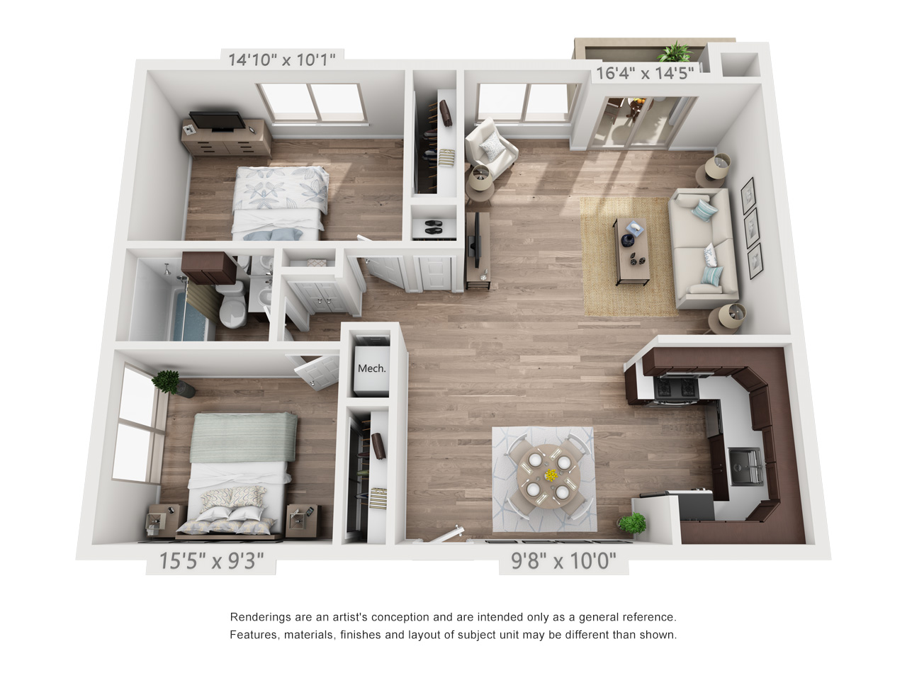 Floor plan for 2 beds, 1 bath, 910 sqft
